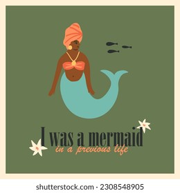 Una linda sirena africana con un envoltorio en la cabeza y collar, una adolescente sirena, fui sirena en un texto de vida anterior. criatura mítica submarina. Impresión de camisetas vectoras, tarjeta, cartel, diseño de impresión de arte