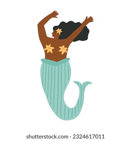 A cute young African mermaid with sea lilies happily dancing with her hands up under her head, a teenage mermaid girl waving, enjoying life.