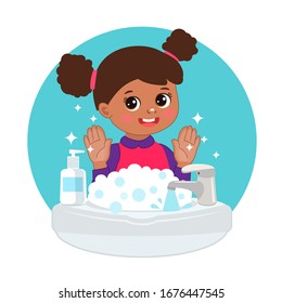 Joven cocido afro-americana Chica lavando las manos en la ilustración del lavabo. Vector de manos de lavado con desinfectante para manos antibacterianas, vectorial de ilustración plana de caricatura aislado 
  fondo blanco.