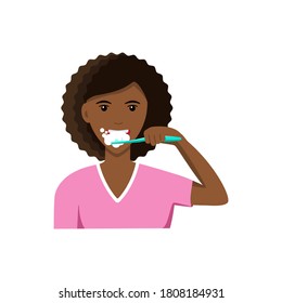 Cute young afroamerican woman brushing her teeth. Oral hygiene and dental procedures concept. Vector illustration in a flat style isolated on a white background.