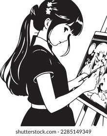 Cute young anime girl is drawing a picture in manga comic style.Black and white vector print