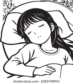 Cute young anime girl is sleeping in manga comic style.Black and white vector print