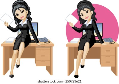 Cute young Asian office woman sitting on table vector illustration in cartoon style 