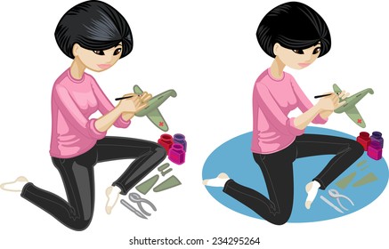Cute young Asian woman  hobbyist  painting an airplane model vector illustration in cartoon and flat design style