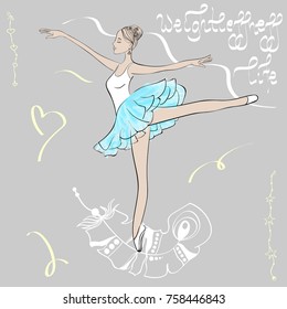 Cute young ballerina dancing on pointe, ballet shoes in flower tutu skirt. "weightlessness life" handwritten inscriptions. Vector illustration