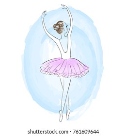 Cute young ballerina dancing on pointe, ballet shoes in flower tutu skirt. Vector illustration