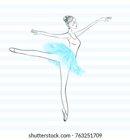 Cute young ballerina dancing on pointe, ballet shoes in flower tutu skirt. Vector illustration
