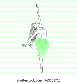 Cute young ballerina dancing on pointe, ballet shoes in flower tutu skirt. Vector illustration