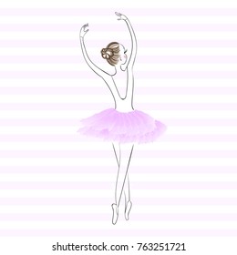 Cute young ballerina dancing on pointe, ballet shoes in flower tutu skirt. Vector illustration