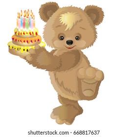 cute young bear holding a cake with candles