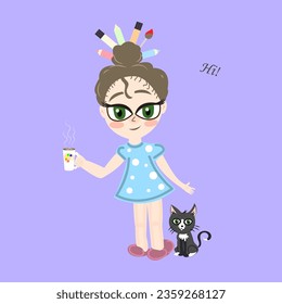 Cute young beautiful artist girl with coffee cup and black cat. Stock vector illustration