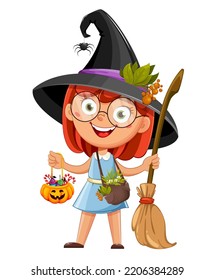 Cute young beautiful witch, cartoon girl. Happy Halloween