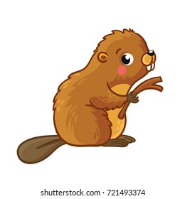 Cute young beaver is sitting and holding stick. Vector illustration with an animal in cartoon style.