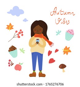 Cute young Black girl enjoying coffee at autumn vector illustration. Happy female character doodle with autumn decorations with hand drawn lettering. Adorable girl outdoors with a cup of hot drink.