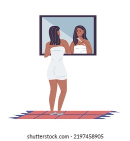 Cute young black woman standing in front of mirror combing her hair. vector cartoon illustration.