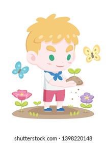 Cute young blonde boy scout holding a sprout gently with butterflies and flowers cartoon illustration