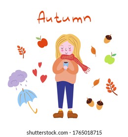 Cute young blonde girl enjoying coffee at autumn vector illustration. Happy female character doodle with autumn decorations & hand drawn lettering. Adorable girl outdoors with a cup of hot drink.