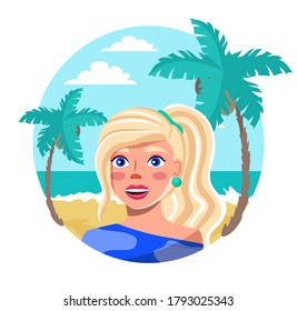 Cute young blonde girl in round frame standing on the background of the tropical landscape ocean and palm trees . Travel and tourism concept, happy woman in summer vacation in the exotic island