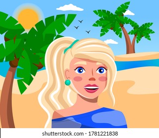 Cute young blonde girl standing on the sandy shore against background of the tropical landscape ocean and palm trees . Travel and tourism concept, happy woman in summer vacation in the exotic island