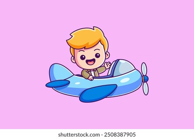 A cute young boy becomes a pilot, joyfully flying a charming retro airplane in a kawaii, cartoon style.