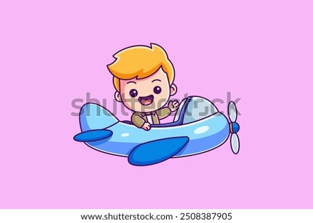 A cute young boy becomes a pilot, joyfully flying a charming retro airplane in a kawaii, cartoon style.