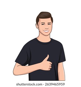 Cute young boy in black tshirt showing thumbs up flat cartoon vector illustration