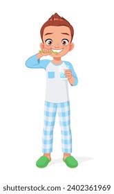 Un muchacho lindo que se cepilla los dientes. Ilustración vectorial de dibujos animados aislada en fondo blanco.