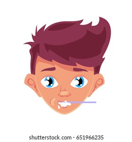 Cute young boy brushing teeth, vector illustration isolated on white background