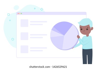 A cute young boy carrying pie chart and inserting in to dashboard on web browser, cartoon character in colourful pastel flat style. Use for graphic element resources, book, content and print.