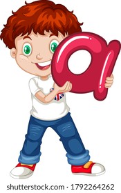 Cute young boy cartoon character holding English alphabet illustration