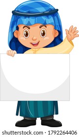 Cute young boy cartoon character holding blank banner illustration