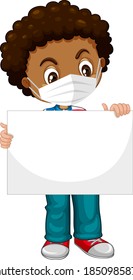 Cute young boy cartoon character holding blank banner illustration