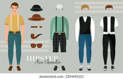 Cute young boy character asset with different clothes accesories Vector