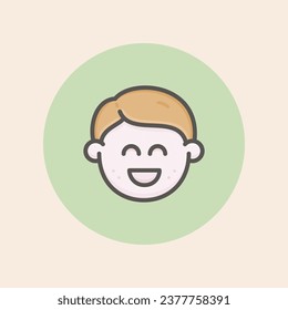 Cute young boy face avatar icon with short brown hair, delighted mood, freckles and green background filled iconic vector line art