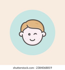 Cute young boy face avatar icon with short brown hair, happy mood, freckles and blue background filled iconic vector line art