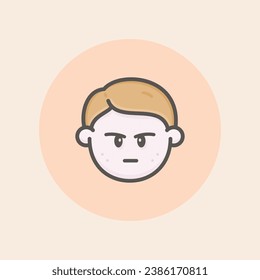 Ícono de avatar facial de niño pequeño con pelo marrón corto, humor molesto, pecas y arte icónico de la línea vectorial de fondo naranja