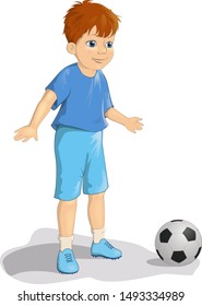 Cute young boy football or soccer player in blue uniform with ball vector illustration. In cartoon style. Clipart Isolated on white background
