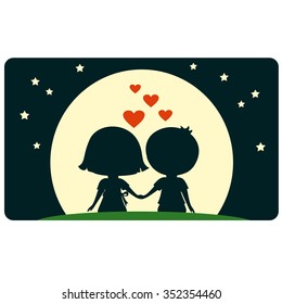 Cute Young Boy And Girl Sitting Together And Looking To The Moon For Valentine Day Holiday