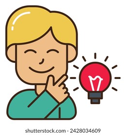cute young boy got an idea for innovation creativity education with outline, colored, filled, flat icon styles design