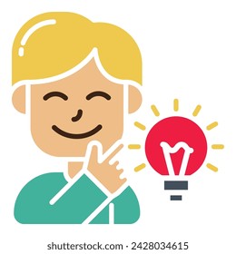 cute young boy got an idea for innovation creativity education with outline, colored, filled, flat icon styles design