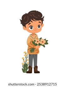 Cute young boy holding a small bouquet of flowers, cheerful and friendly illustration