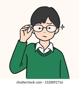 cute young boy lifting glasses up, hand drawn style vector illustration.
