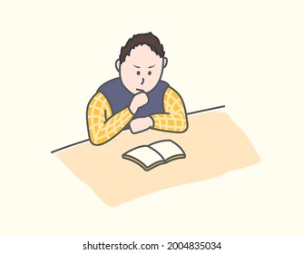 Cute  young boy is reading a book  in cute cartoon illustration vector art design