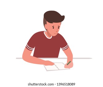 Cute young boy sitting at desk and writing school test isolated on white background. Student preparing for exams at university or studying. Colorful vector illustration in flat cartoon style.