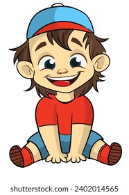 Cute young boy sitting pose. Vector cartoon  
illustration of a teenager in casual street clothes presenting. Outlined.