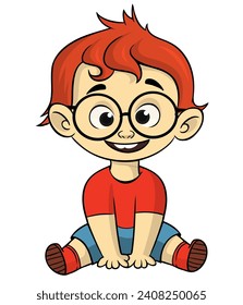 Cute young boy sitting. Vector cartoon  
illustration of a teenager in casual street clothes presenting. Outlined.