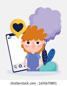 cute young boy smartphone message love social media vector illustration
