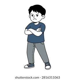 Cute young boy standing with folded arms and an angry frowning expression, flat design vector illustration isolated on white background. Perfect for child behavior, temper tantrum, or defiant attitude concepts.