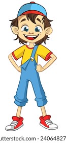 Un chico lindo parado con las manos en la cadera. Caricatura vectorial  
ilustración de un adolescente con ropa de calle informal. Esbozado.