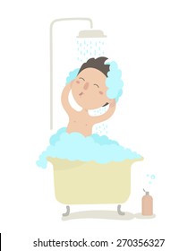 Cute young boy taking a shower. Flat design. Vector illustration. Isolated on white background